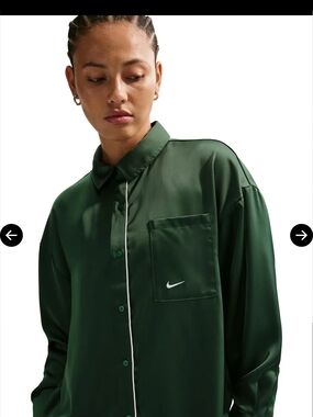 Nike Men's Dark Green Satin Shirt Jacket with White Piping